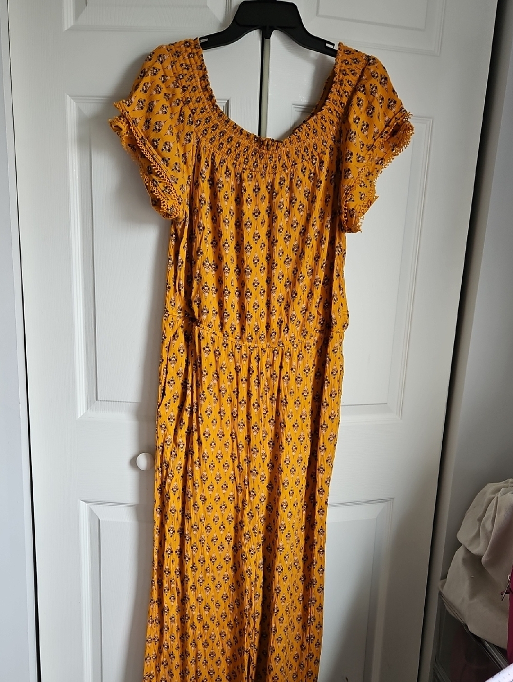Xhilaration Mustard Floral Jumpsuit with Smocked Bodice